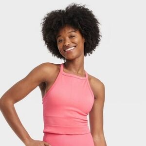 Women's Seamless Rib Cropped High Neck Tank Top - All In Motion Coral Pink XL
